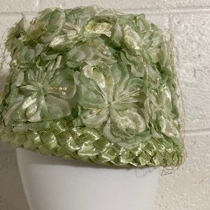 Vintage 1960s Green Woven Flowered Bucket Hat With Veil Fabric